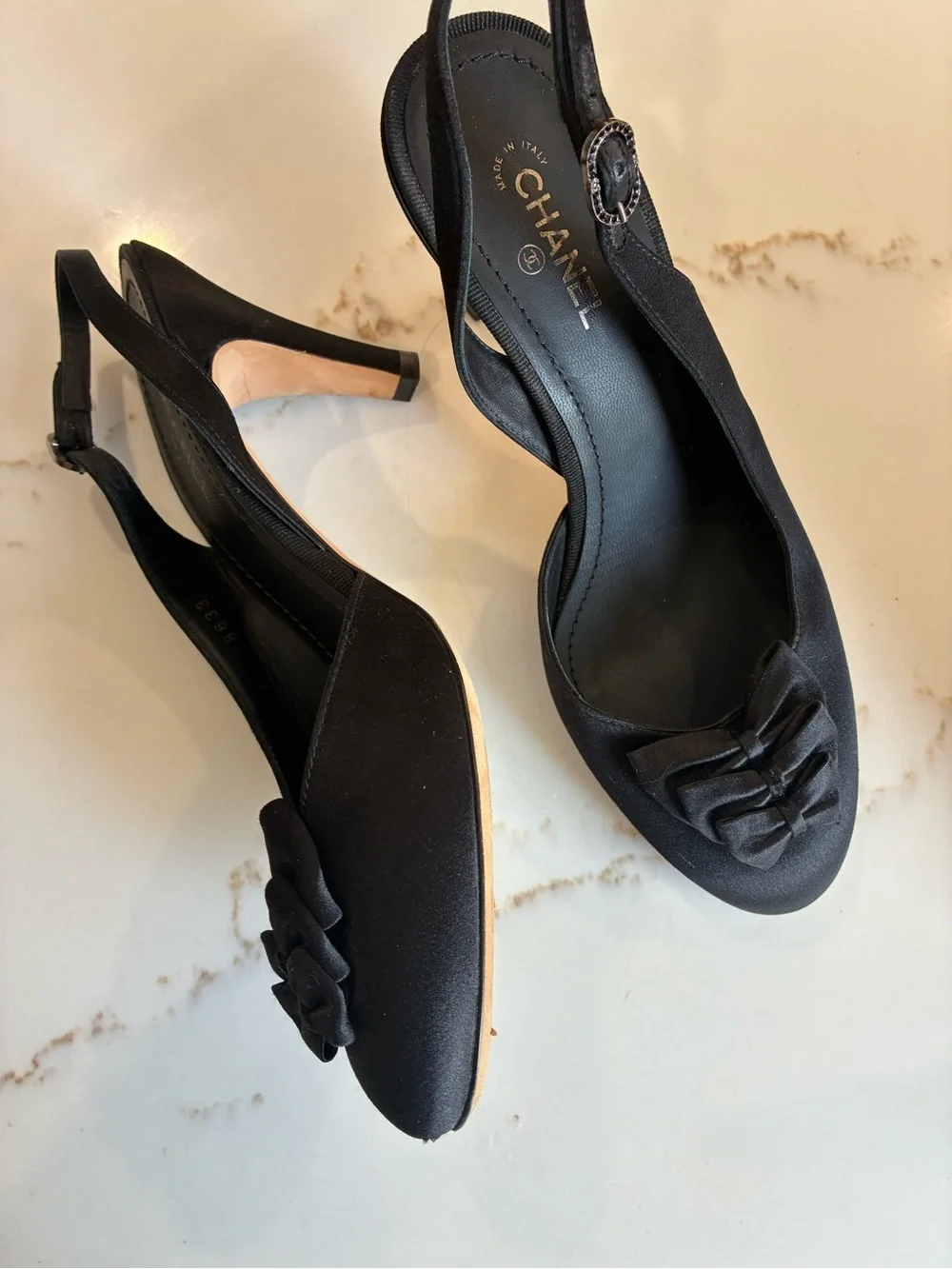 CHANEL Black Satin Slingback Pumps with Bow Accent